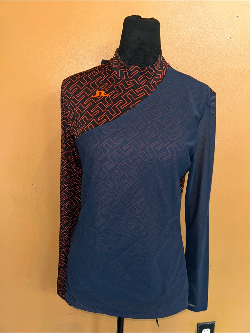 J.Lindeberg Navy and Orange Geometric Long Sleeve Top nwt